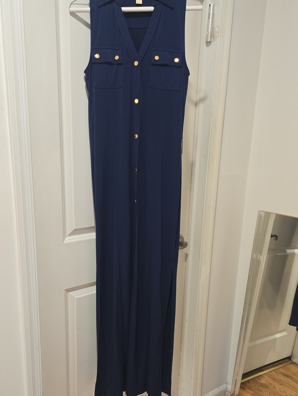 Michael Kors Navy Maxi Dress with Gold-Tone Buttons